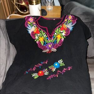 Embroidered Black Top with Multicolor Floral Design
